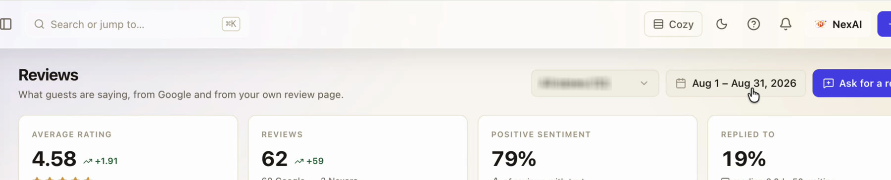 The top of the reviews screen for one store: average rating, review volume and positive sentiment.